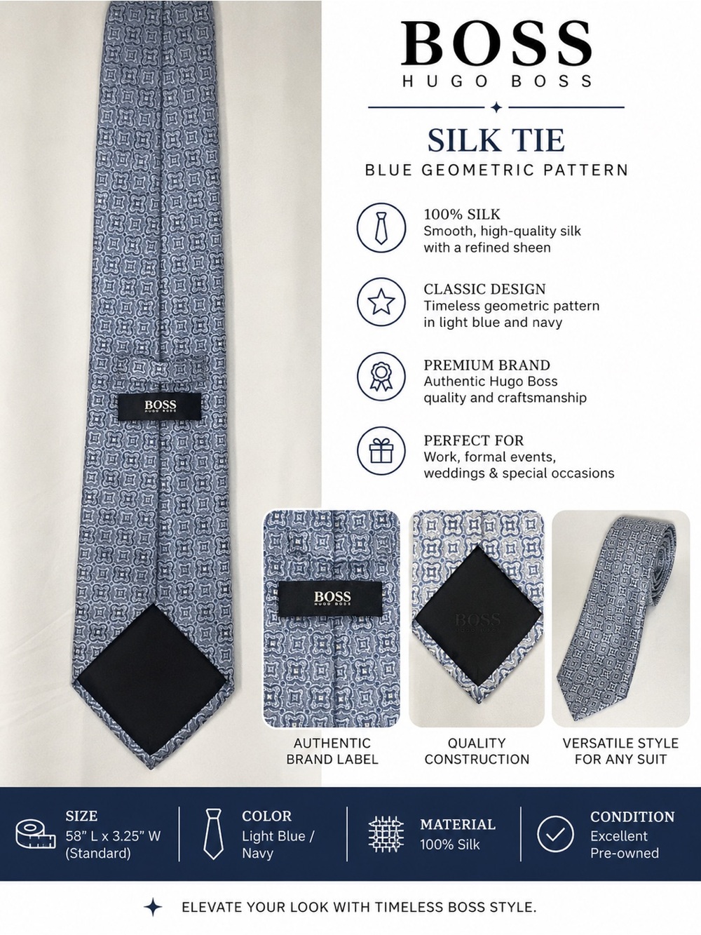 Hugo Boss Light Blue and Navy Geometric Silk Tie